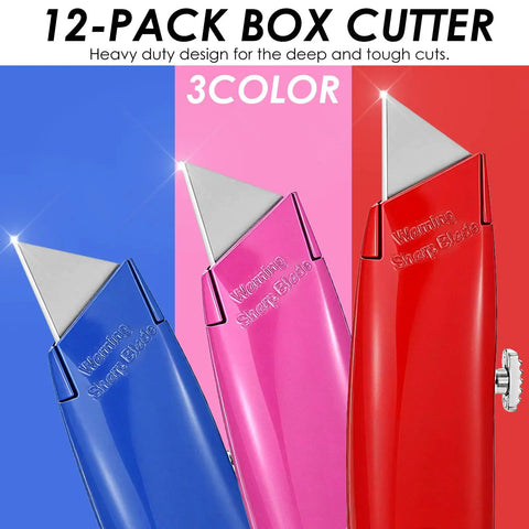12 Pcs Retractable Professional Box Cutters Heavy Duty Aluminum Alloy Utility Knife Set With Three Color Options Blue Red Magenta For Warehouse Office Home DIY Projects, blue red and magenta