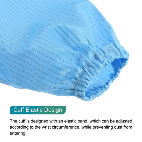 Close-up of cuff elastic design on Daily Grind Approved Anti Static Lab Coat With Conductive Weave And Easy Detach Hat For Electronics Assembly And Chemical Labs Unisex Protective Wear In Midnight Blue.