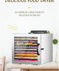 No Sweat Electric Food Dehydrator With 10 Roomy Stackable Trays, 1000 Watt Fruit And Veggie Dryer, adjustable temp control, displaying fruits.