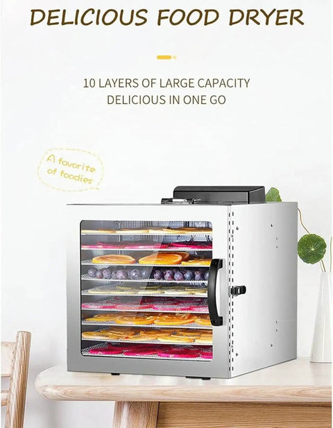 No Sweat Electric Food Dehydrator With 10 Roomy Stackable Trays, 1000 Watt Fruit And Veggie Dryer, adjustable temp control, displaying fruits.