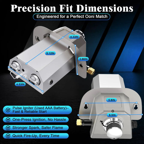 Precision dimensions of gas burner attachment for Karu 12 pizza ovens, converts to propane heat fast, with valve hose and screws.