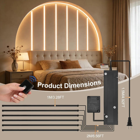 LED Recessed Lighting Kit for Slat Wall Panels, 6PCS Dimmable 3000K Warm White LED Strip Lights with Touch Switch, detail view of lights behind a bed.