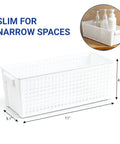 Top Shelf White Plastic Storage Baskets Real Deal Solution For Counters And Under Cabinet Organization With Ventilated Side Walls Comfortable Grip Handles And Effortless Nesting Layout. Slim white basket measuring 11 L × 5.1 W × 4.5 H.