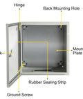 Heavy Duty One Point Five Millimeter Steel NEMA 4X IP66 Electrical Enclosure Box Eight By Eight By Six Inches With Mounting Plate Waterproof Dustproof For Outdoor And Indoor Use Built To Last Tough As Nails, open door view