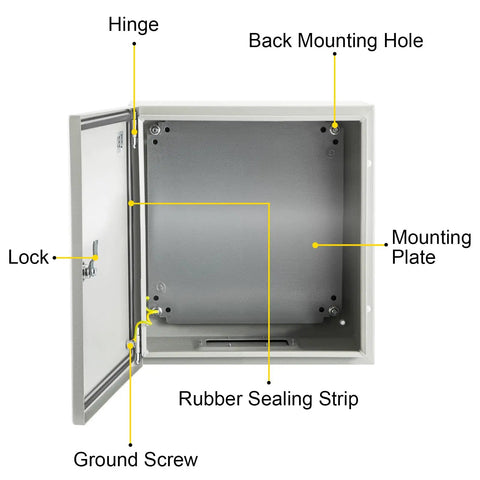 Heavy Duty One Point Five Millimeter Steel NEMA 4X IP66 Electrical Enclosure Box Eight By Eight By Six Inches With Mounting Plate Waterproof Dustproof For Outdoor And Indoor Use Built To Last Tough As Nails, open door view