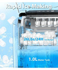 Countertop Ice Maker Portable Bullet Machine Makes Fresh Ice In Minutes showing 1.0L water tank and ice output of 26 lbs daily.
