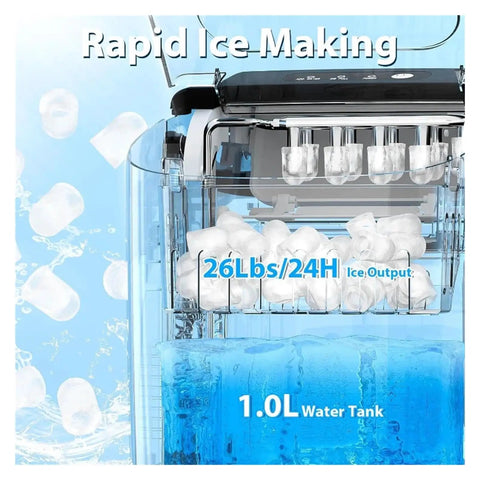 Countertop Ice Maker Portable Bullet Machine Makes Fresh Ice In Minutes showing 1.0L water tank and ice output of 26 lbs daily.
