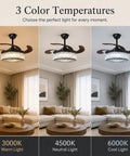 efperfect 42 Inch Black Crystal Fandelier Ceiling Fan with Light and Remote showcasing 3 color temperatures in a cozy living room.