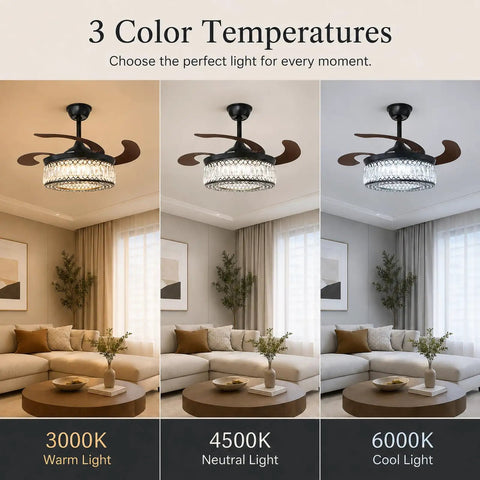 efperfect 42 Inch Black Crystal Fandelier Ceiling Fan with Light and Remote showcasing 3 color temperatures in a cozy living room.