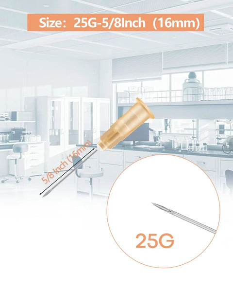 100 Pack 25 Gauge 5/8 Inch Luer Lock Needles Individually Wrapped Lab Tools shown with needle and size details.