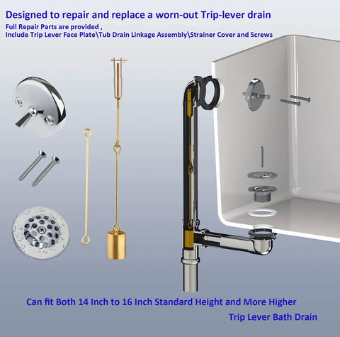 Tub Drainage Linkage Assembly With Trip Lever And Strainer For Bath Tub Waste Overflow Drain Replacement Kit components