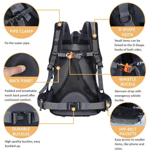 Back view of waterproof hiking backpack for men and women, showing multi-compartment design, padded straps, D-shape hooks, and buckles.