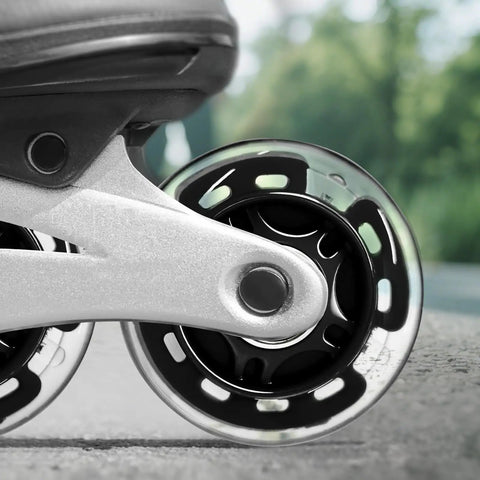 Close-up of inline skate with 8 Pack 76mm Inline Skate Wheels With Bearings For Indoor And Outdoor Replacement, High Performance 82A Polyurethane.