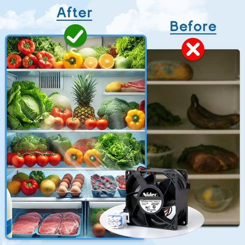 Comparison of a fridge before and after using Upgraded WR60X26866 Refrigerator Evaporator Fan Motor Replacement.