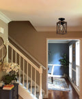 Rustic Farmhouse Flush Mount Ceiling Light With Metal Frame And Wood Grain Finish in hallway setting