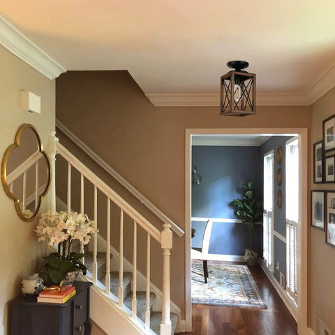 Rustic Farmhouse Flush Mount Ceiling Light With Metal Frame And Wood Grain Finish in hallway setting