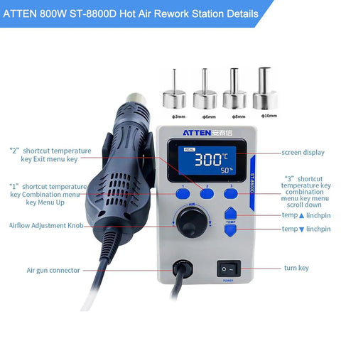 800W Hot Air Gun Soldering Station With LCD Display Auto Sleep Fast Desoldering Rework System Includes 4 Nozzles