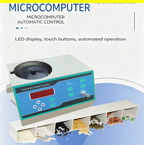 Automatic Seed Counting Machine With Microcomputer Control And LED Display, machine with seed samples and control panel visible.