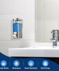 Wall Mounted Soap Dispenser For Kitchen And Bathroom With Zero Fuss No Drip Nozzle Holds 17 Oz liquid in clear tank on wall.