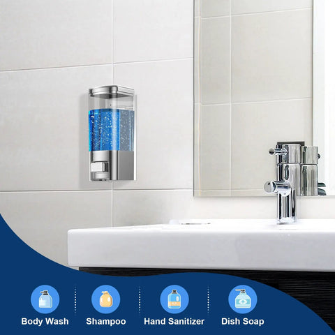 Wall Mounted Soap Dispenser For Kitchen And Bathroom With Zero Fuss No Drip Nozzle Holds 17 Oz liquid in clear tank on wall.