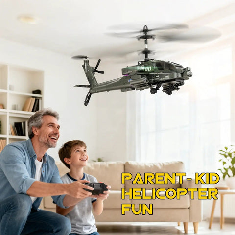 Child and man playing with RC Helicopter For Beginners With Altitude Hold Gyro Stabilization And LED Lights indoors, green model.