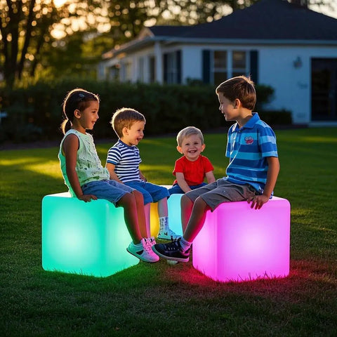 Children sitting on 14 Inch Color Changing LED Cube Light Stool Glow Cube Seat For Home Patio Garden Bar Pool Parties Mood Lighting With 16 RGB Colors Durable Over 300 Lb Capacity, glowing in green and pink in a backyard.