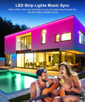 Outdoor view with 100ft Waterproof LED Strip Lights With Remote And App Control illuminating a house in RGB colors, enhancing ambiance.