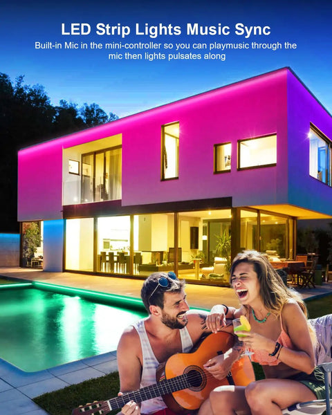 Outdoor view with 100ft Waterproof LED Strip Lights With Remote And App Control illuminating a house in RGB colors, enhancing ambiance.