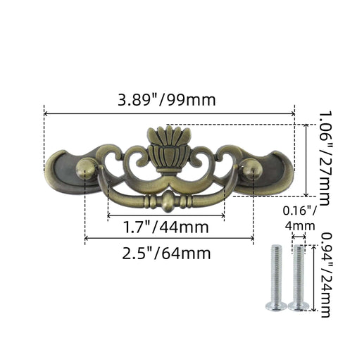Six Pack Bail Pull Handles For Cabinets, 3.89 Inch Total Length, Zinc Alloy Drawer Pulls With 2.5 Inch Hole Spacing, shown with dimensions