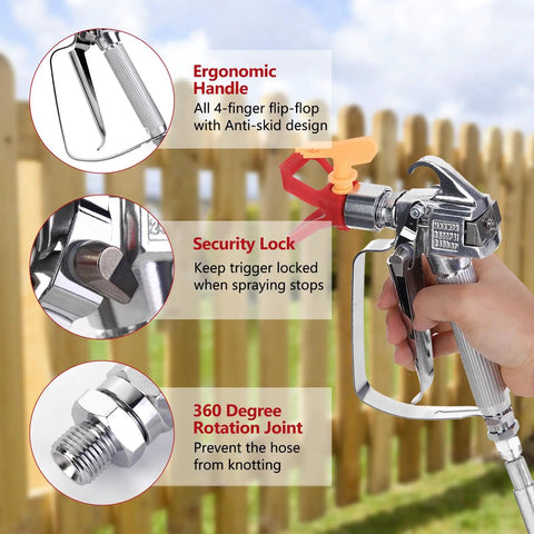 Airless Paint Spray Gun High Pressure 3600 PSI With Reversible 517 Tip Swivel Joint used on wooden fence
