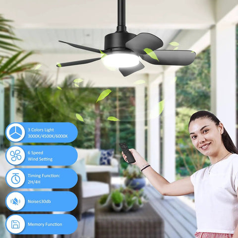 Compact Ceiling Fan With Light And Remote For Outdoor Spaces, 20 Inch, 30W, shown in patio with remote control in use