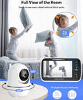 Two children playing with pillows in a room, viewed through a 5 Inch HD Video Baby Monitor With Camera And Audio Skip The Wifi Shuffle 1000 Ft Long Range Nursery Camera With Smart Vox Mode Zero Lag Stream 360 Degree Pan Tilt Zoom Marathon Battery Pack.