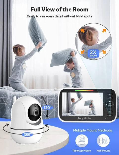 Two children playing with pillows in a room, viewed through a 5 Inch HD Video Baby Monitor With Camera And Audio Skip The Wifi Shuffle 1000 Ft Long Range Nursery Camera With Smart Vox Mode Zero Lag Stream 360 Degree Pan Tilt Zoom Marathon Battery Pack.