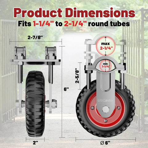 Heavy Duty Gate Wheel 6 Inch Fits Metal Tube Gates One And One Quarter Inch To Two And One Quarter Inch OD dimensions.