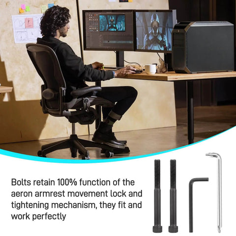 Person using Herman Miller Aeron chair with Aeron Arm Bolts Replacement Kit, hex spanner, and black alloy steel bolts displayed.