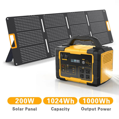 Top Shelf Solar Generator Bundle 200 Watt Panel Hooked Up To 1000 Watt Power Station with 1024Wh battery and ports.