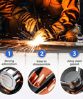 Close-up of Heavy Duty 6pc Magnetic Welding Ground Clamps With Strong Copper Tail Connectors in use during welding.