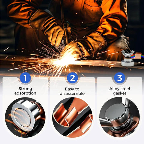 Close-up of Heavy Duty 6pc Magnetic Welding Ground Clamps With Strong Copper Tail Connectors in use during welding.