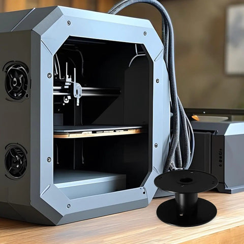 Super Slick Empty Cable Winder Reel 165mm Plastic Cord Organizer for Tangled Wire Storage next to a 3D printer setup