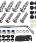 Anti Theft License Plate Screws Kit With Center Thimble Security For Cars Trucks And Motorcycles No Cap Rustproof Stainless Steel M6 1/4 Inch Bolts With Caps Front And Rear Mounting Hardware Karuzka 3rd Gen Upgraded shown with screws, caps, and tools