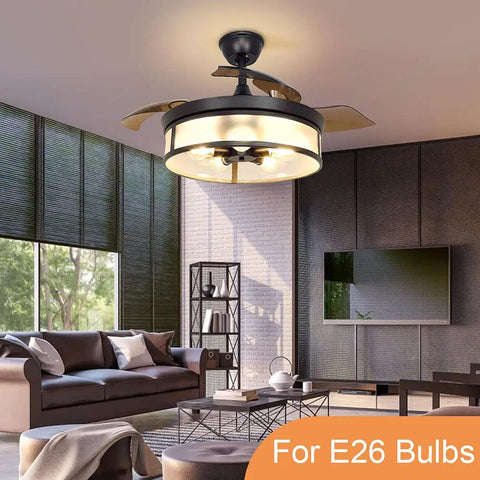 Industrial 42 Inch Ceiling Fan With Light And Retractable Blades, Vintage Acrylic Chandelier Style Ceiling Fan Light Fixture