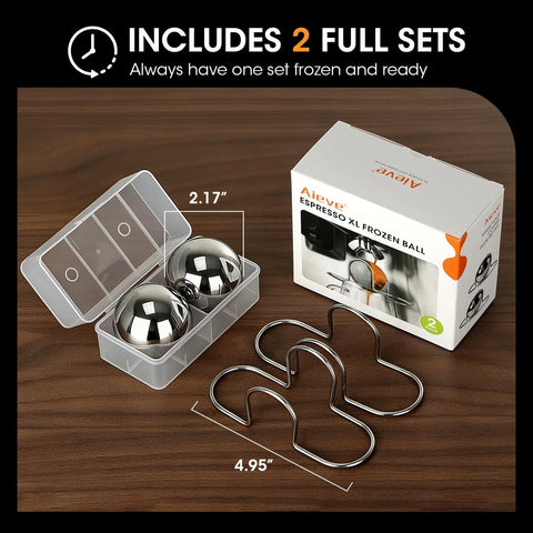 AIEVE XL espresso cooling balls, stainless steel, 2-pack, shown with clear plastic storage case beside the box.