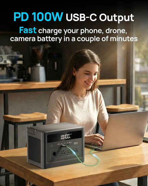 Woman using laptop charged by 600W Solar Generator With 100W Panel 576Wh LiFePO4 Battery 1200W Surge Three AC Outlets