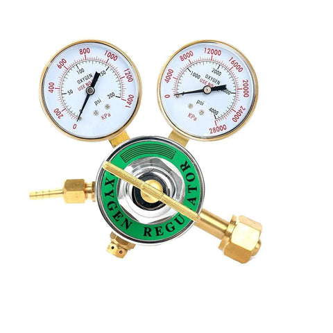 Close-up of Go-To Dual Welding Gas Regulators Set With Oxygen CGA-540 And Acetylene CGA-510, brass gauges and fittings.