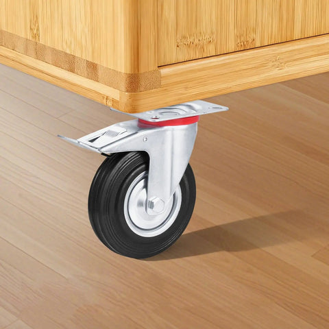 Heavy Duty Caster Wheels 4 Pack With 360 Degree Swivel And Foot Brake Lock Smooth Rolling Workhorse Furniture Wheels For Workbenches And Carts Easy Maneuverability Secure Locking On Any Surface shown attached to wooden furniture on hardwood floor.