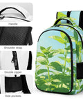 Dewy Mint White Flower Printed Unisex Backpack Dope With Large Capacity Durable Polyester Build showing handle, strap, zipper, pockets
