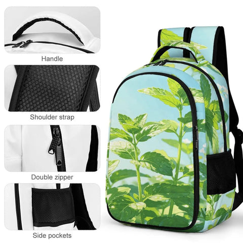 Dewy Mint White Flower Printed Unisex Backpack Dope With Large Capacity Durable Polyester Build showing handle, strap, zipper, pockets