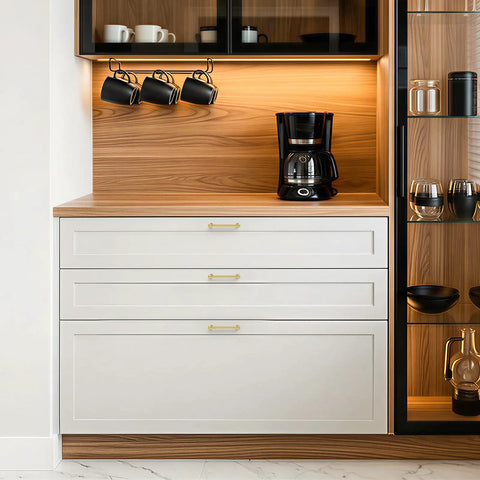 Kitchen with Six Pack Brushed Gold Aluminum Cabinet Handles With 5 Inch Center Hole Straight Bar Drawer Pulls
