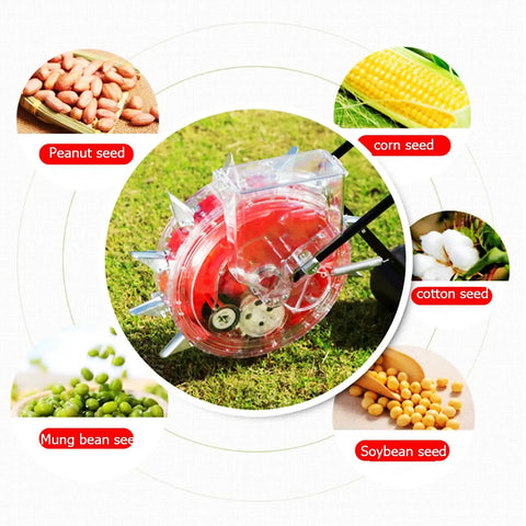 Manual Seed Planter for Garden and Row Crops, Hand Push Seeder Roller with 10 Nozzles, different seed types shown
