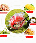 Hand Seed Spreader and Fertilizer Applicator, 12 Beak Manual Seeder on grass, seeds for soybeans, cotton, corn, peanuts visible